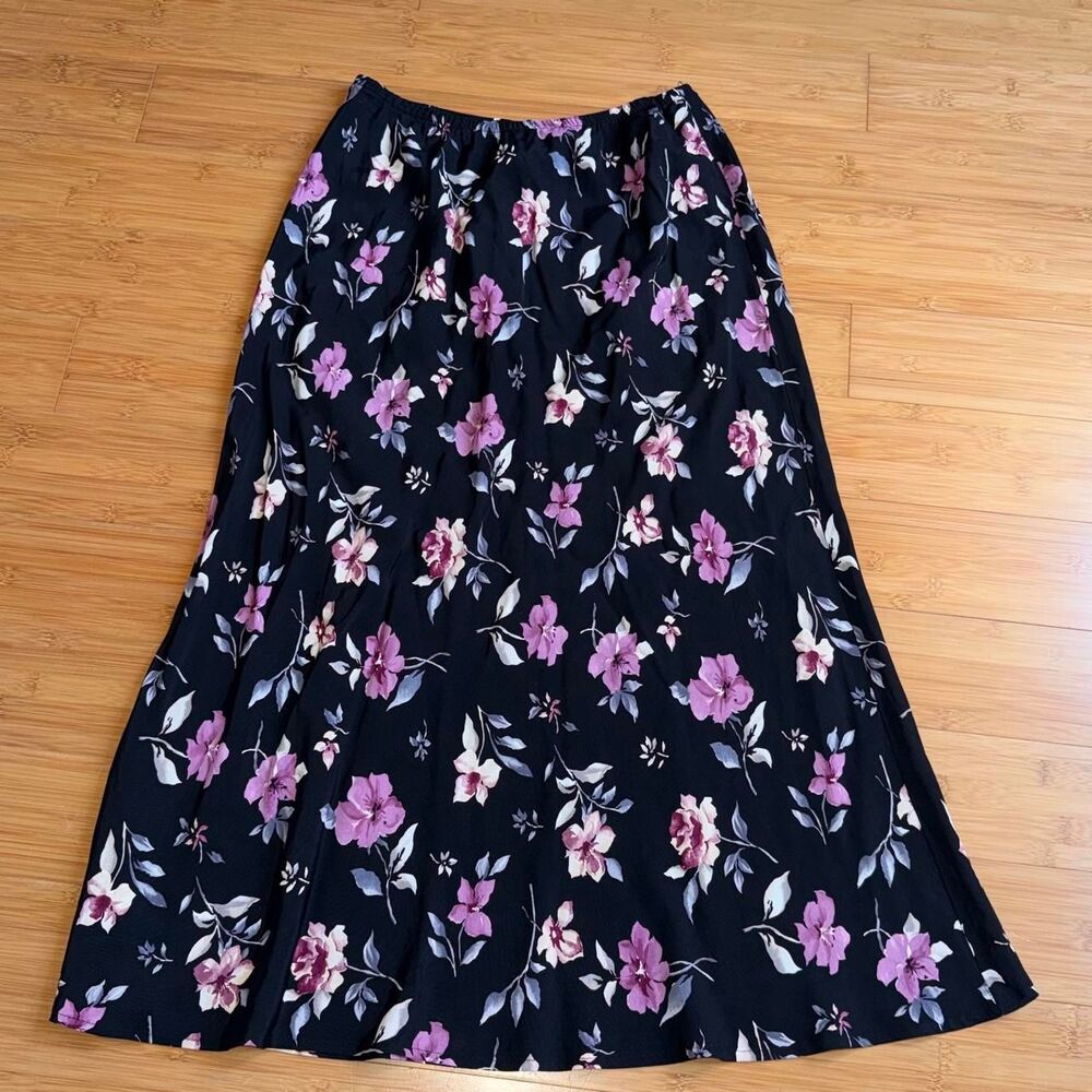 Vintage 90s Black Purple Floral Midi Skirt Womens 10